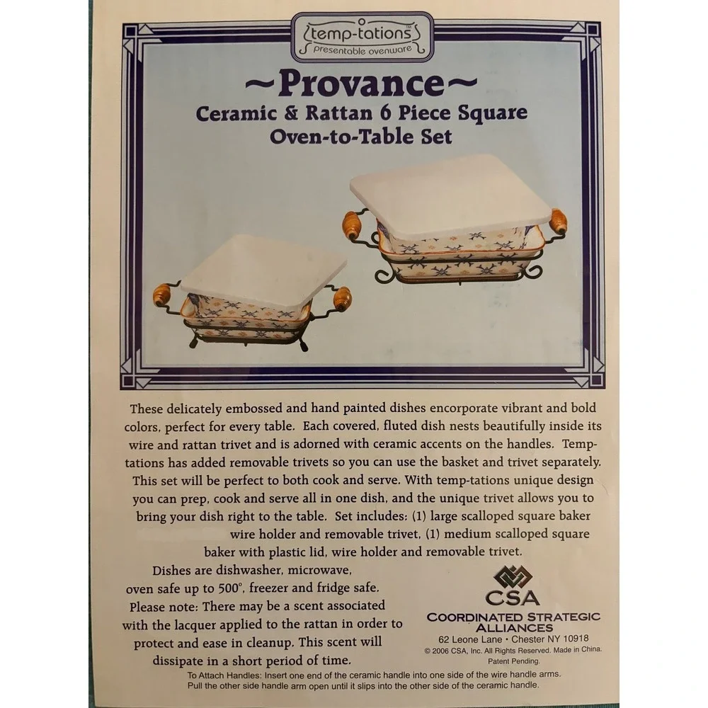 New Vintage TempTations Provence Ceramic Rattan 6 Piece Square Oven to Table Set